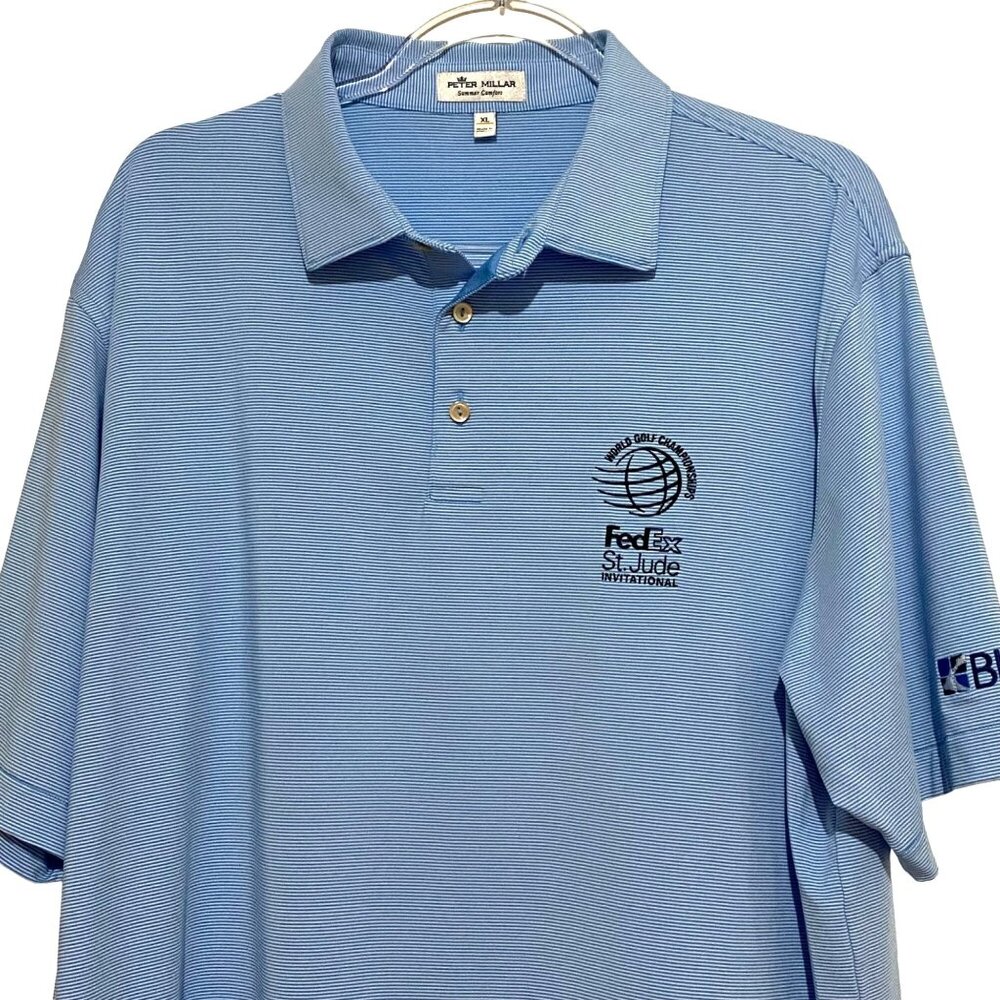 Peter‎ Millar Polo Golf Shirt Mens XL FedEx St Jude BluSky Pinstripe Embroidered
